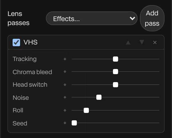 Lens passes with VHS added: its checkbox, arrows and remove button, and its Tracking, Chroma bleed, Head switch, Noise, Roll and Seed dials
