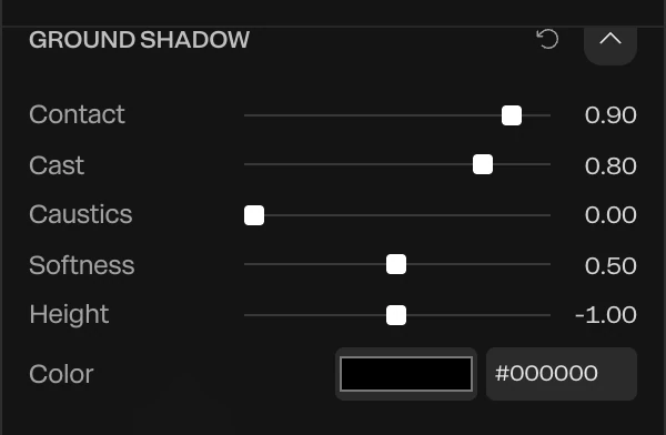 The Ground shadow section: Contact, Cast, Caustics, Softness, Height and Color
