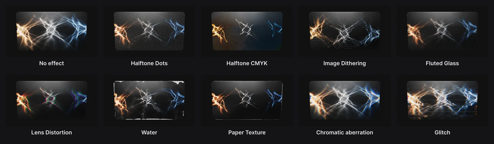 The same picture with no effect and with each of the nine image effects