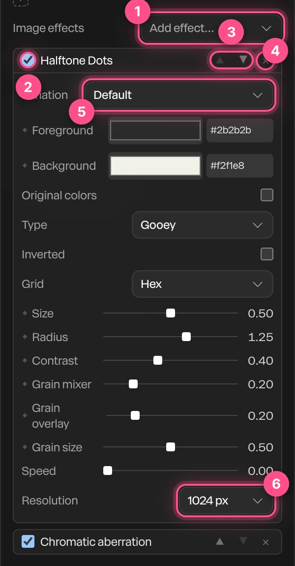 Two effects in the chain, Halftone Dots open, with its parts numbered