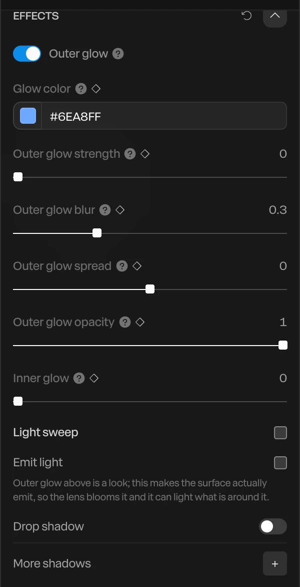 The Effects section: Outer glow on with its color and dials, then Light sweep, Emit light, Drop shadow and More shadows