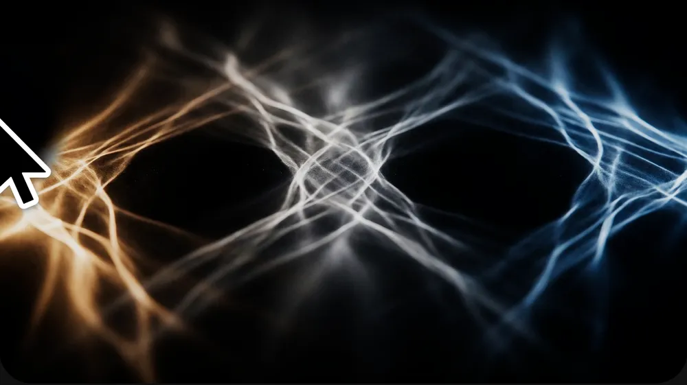 A cursor sweeping over a picture of light filaments, uncovering a second picture of a silver ribbon along its trail