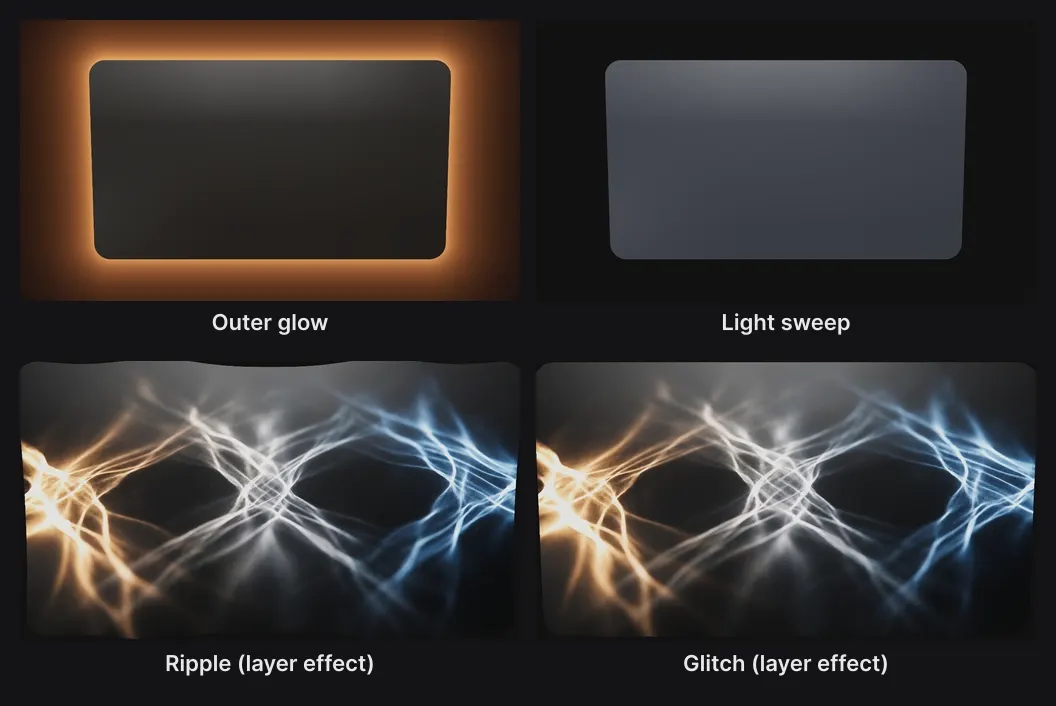 Four layer effects playing: an amber outer glow, a light sweep crossing a card, a ripple and a glitch through a picture