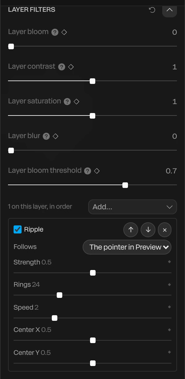 Layer Filters with Ripple added: its checkbox, arrows and remove button, Follows, and its Strength, Rings, Speed, Center X and Center Y dials