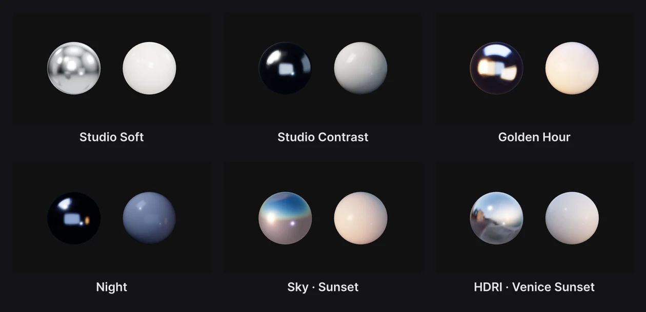 A metal sphere and a glossy sphere in six environments: Studio Soft, Studio Contrast, Golden Hour, Night, Sky · Sunset and HDRI · Venice Sunset