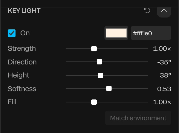 The Key Light section: On with its color, then Strength, Direction, Height, Softness, Fill, and Match environment