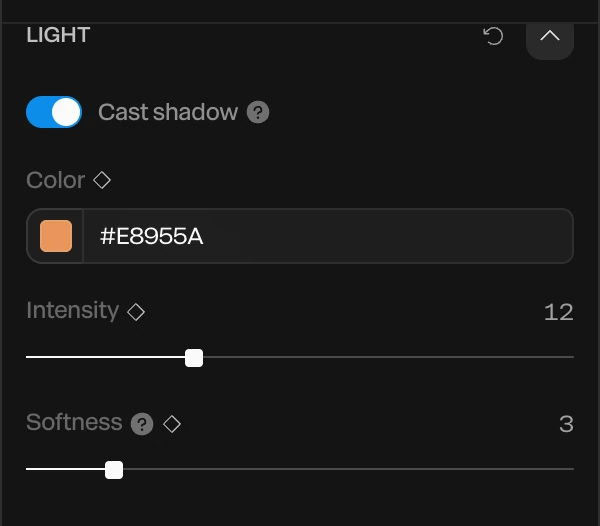 The Light section: Cast shadow on, Color, Intensity and Softness