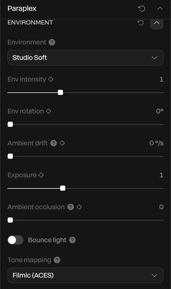 The Environment section: Environment set to Studio Soft, then Env intensity, Env rotation, Ambient drift, Exposure, Ambient occlusion, Bounce light and Tone mapping
