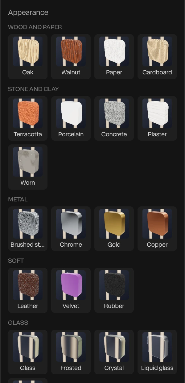 The Appearance gallery: rendered thumbnails of oak, walnut, paper, cardboard, terracotta, porcelain, concrete, plaster, worn, metals, soft materials and glass