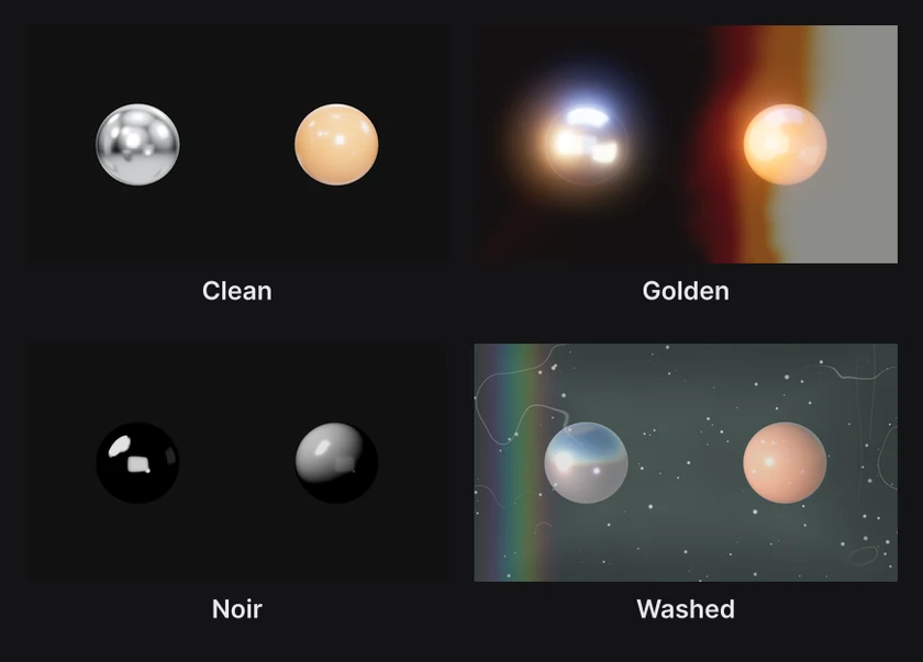 The same metal and orange spheres in four looks: Clean, Golden with bloom and a light leak, Noir in black and white with grain, and Washed under a faded 16 mm film