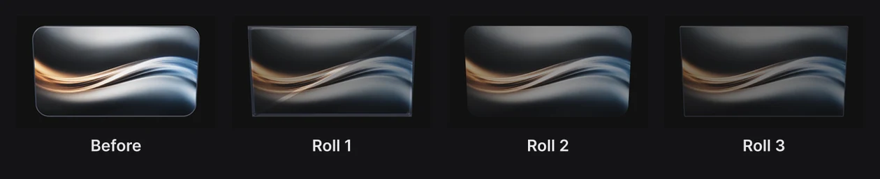 A picture card before, and after three rolls of Randomize › Panel: its corners, bevel and opacity change each time