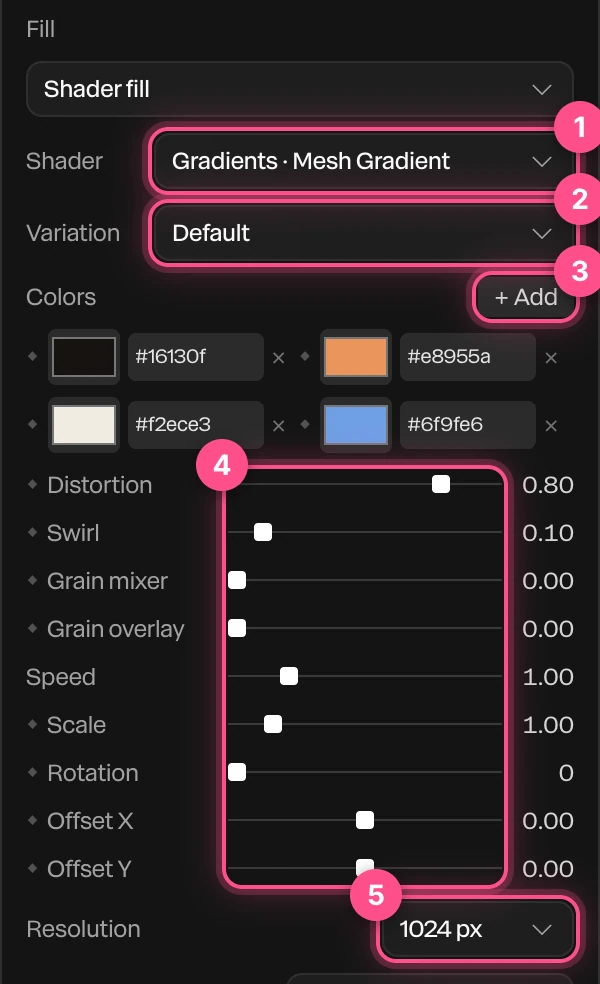 The shader fill's controls with their parts numbered
