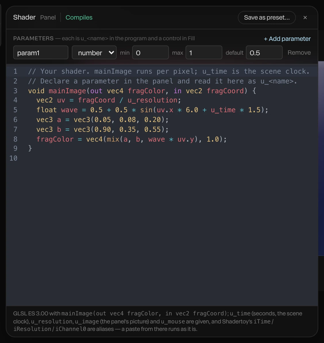 The Shader panel: its status says Compiles, then a parameter, the starter program, and a note on what the program is given