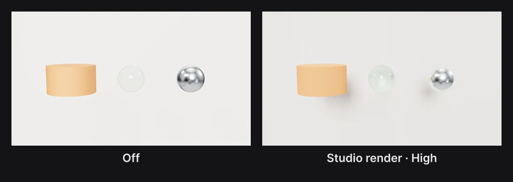 A matte block, a glass sphere and a metal sphere before a pale wall, drawn normally and with Studio render: the traced frame has soft shadows on the wall and light passing through the glass