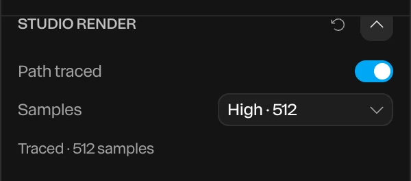 The Studio Render section: Path traced on, Samples set to High · 512, and the status Traced · 512 samples
