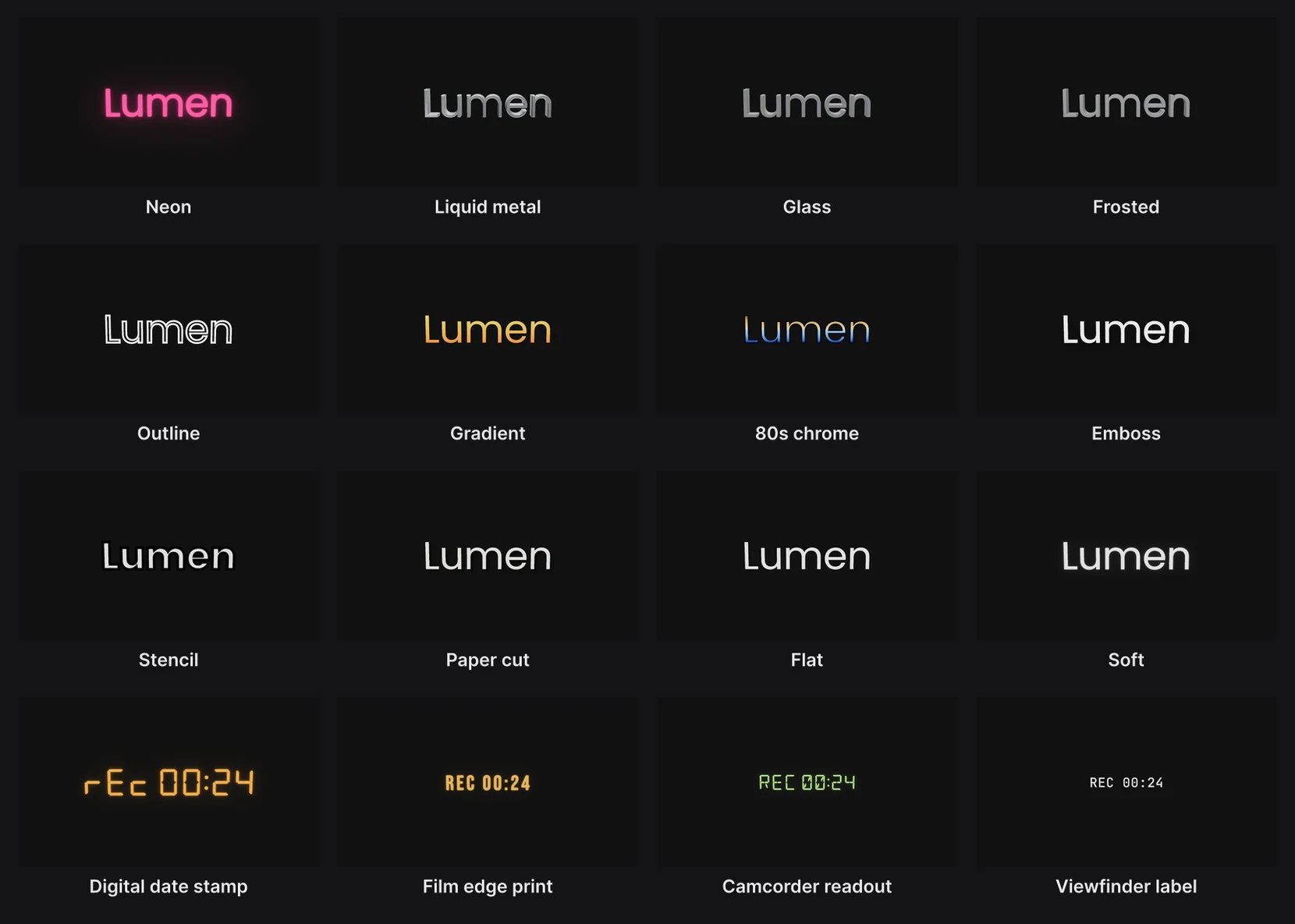 The word Lumen in twelve text styles, and REC 00:24 in the four camera readouts
