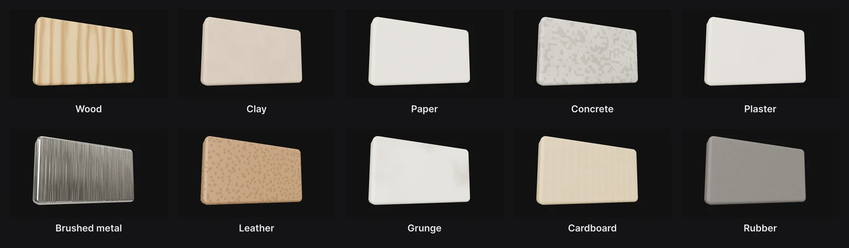 The ten textures on the same bevelled card: Wood, Clay, Paper, Concrete, Plaster, Brushed metal, Leather, Grunge, Cardboard and Rubber