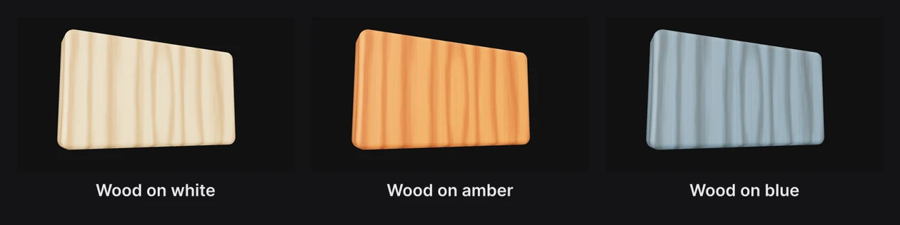 The wood texture on a white card, an amber card and a blue card