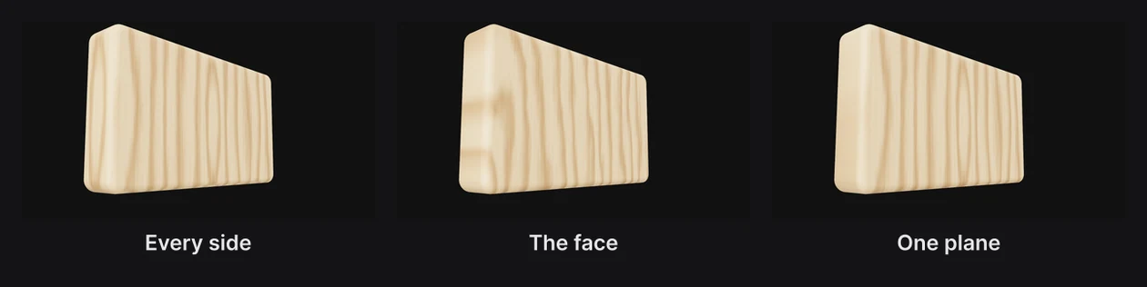 The same wood on a turned card with each mapping: Every side, The face and One plane