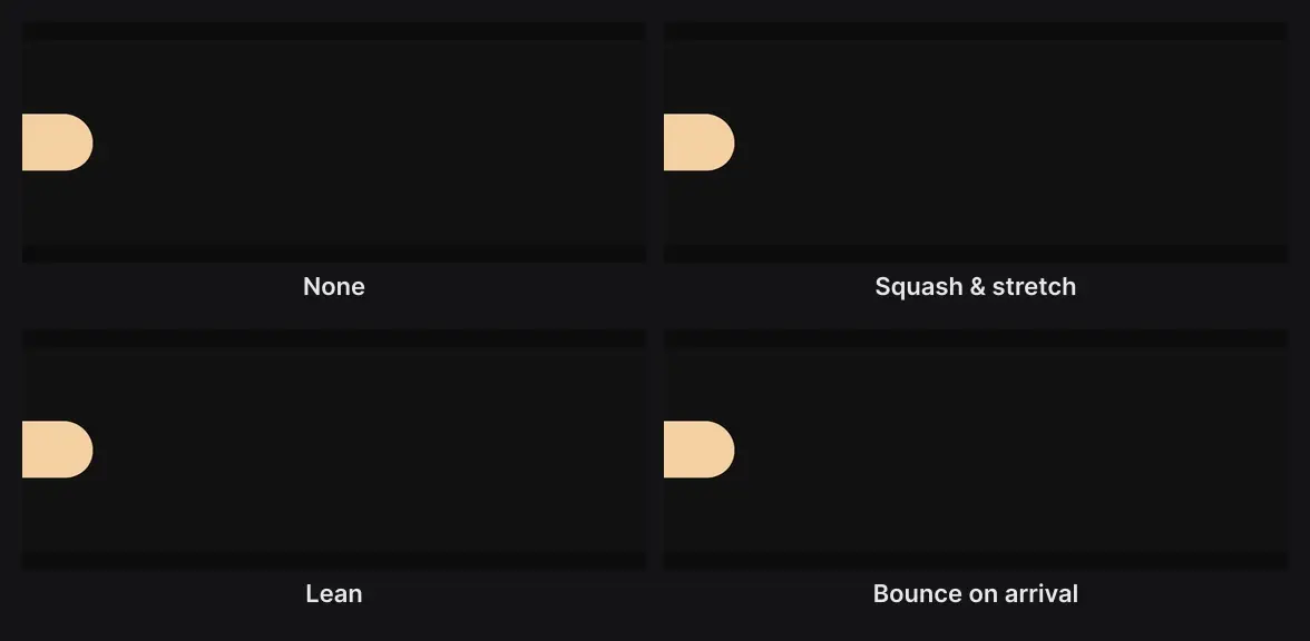 The same orange pill sliding to a stop four times: with no motion preset, with Squash & stretch, with Lean and with Bounce on arrival