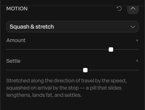 The Motion section: Squash & stretch chosen, with Amount and Settle and a line describing the preset
