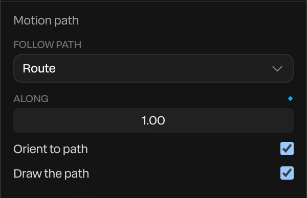 The Motion path section: Follow path set to Route, Along at 1.00 with its diamond, and Orient to path and Draw the path checked