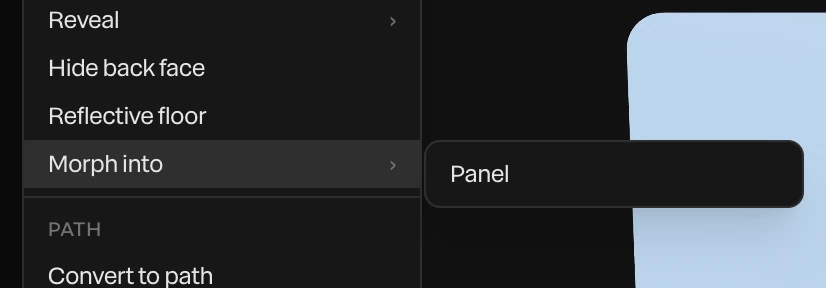 Morph into open in a layer's right-click menu, offering the other layer, Panel