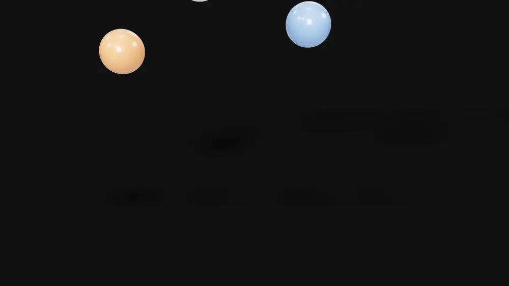 Four glossy spheres and a white card falling onto the floor, bouncing and coming to rest