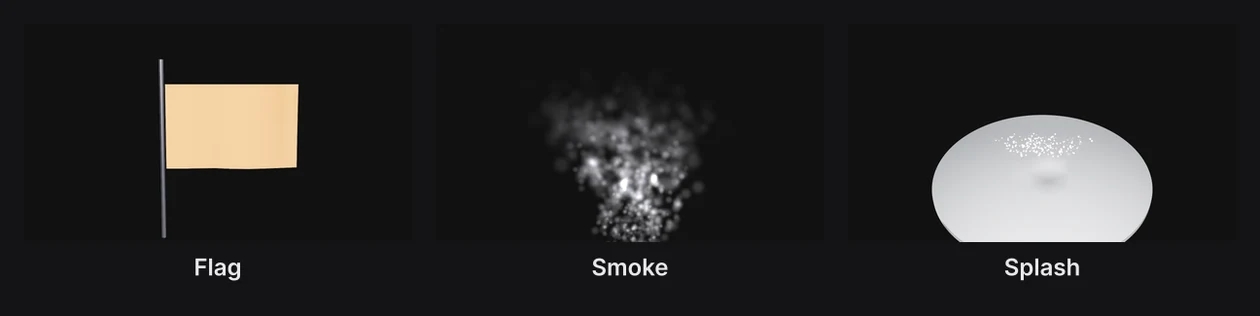 A flag rippling on its pole, a column of smoke, and droplets thrown up from a chrome pool