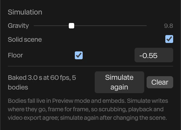 The Simulation section: Gravity 9.8, Solid scene and Floor checked with Floor at -0.55, the status Baked 3.0 s at 60 fps, 5 bodies, Simulate again and Clear