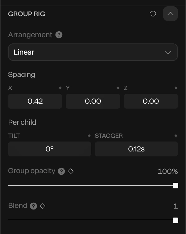 The Group Rig section: Arrangement set to Linear, Spacing, Per child with Tilt and Stagger at 0.12s, Group opacity and Blend