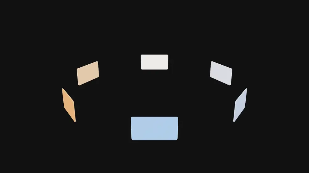 Six cards on a ring, tipped toward the camera, turning slowly round