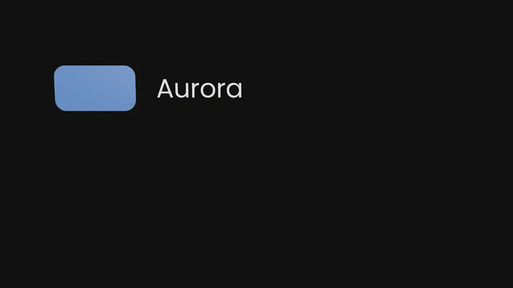 A small blue card and the word Aurora growing into a large card with the title centered on it, and a line of amber text arriving below