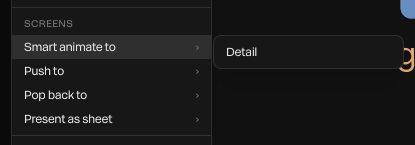 The Screens part of a group's right-click menu: Smart animate to, open on Detail, then Push to, Pop back to and Present as sheet