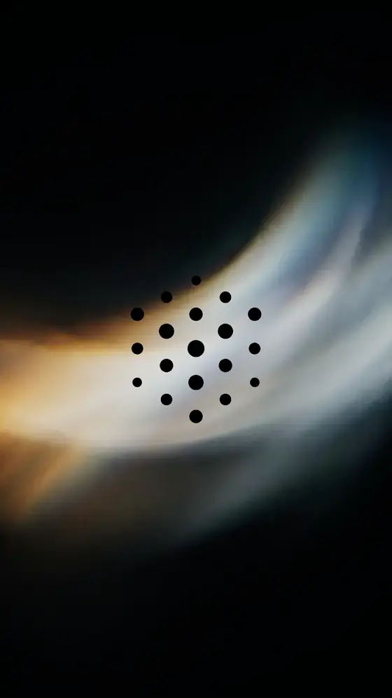 A vertical frame cutting quickly between abstract pictures of light and liquid metal, a dotted logo holding still in the middle
