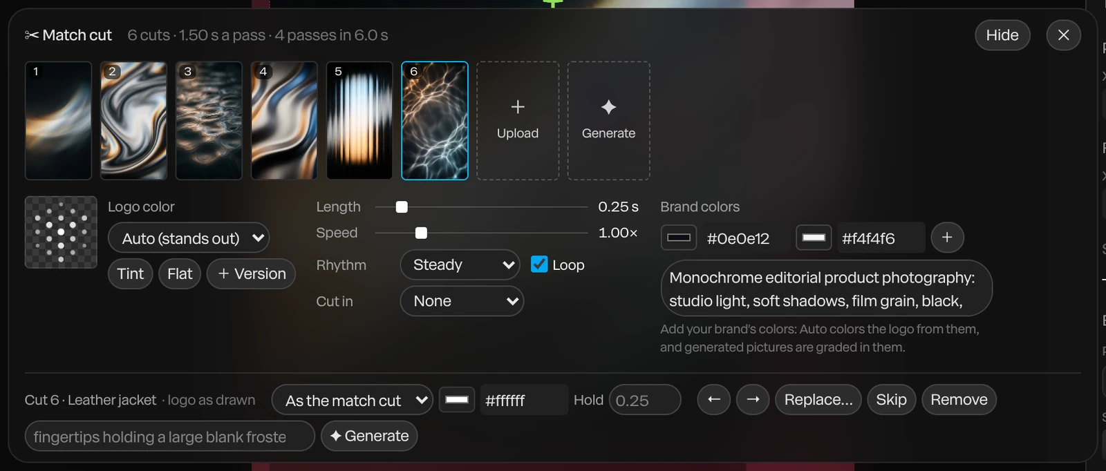 The Match cut panel: six cuts with Upload and Generate, the logo with Logo color, Tint, Flat and Version, Length, Speed, Rhythm, Loop and Cut in, Brand colors, and the selected cut's own settings