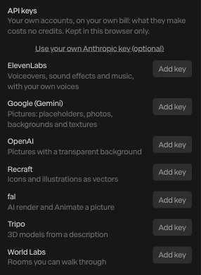 API keys in the account window: the Anthropic link, then seven services, each with Add key