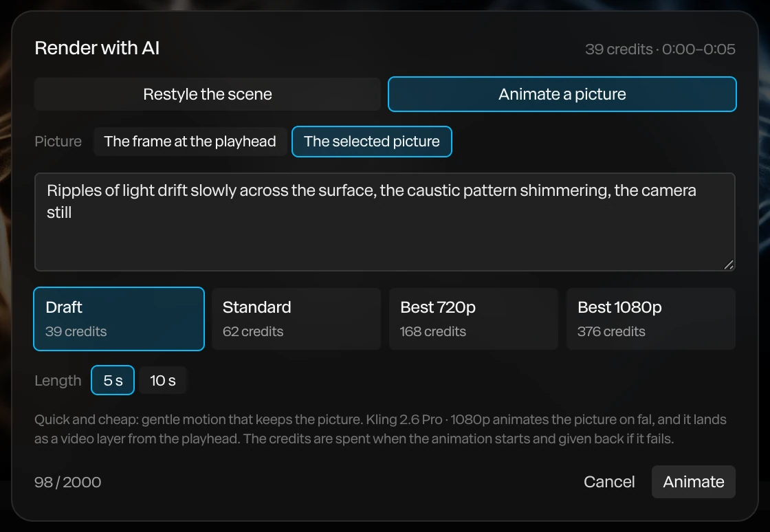 The Render with AI dialog set to Animate a picture: Picture set to The selected picture, a description of ripples drifting across the surface, the four qualities with Draft chosen, and Length 5 s