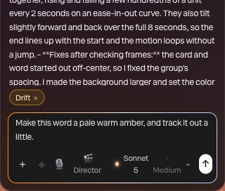 Point at it: the word Drift picked as an amber chip over the message box, with a message asking to make it a pale warm amber