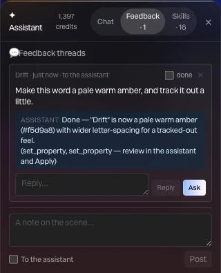 A feedback thread on Drift, sent to the assistant: the note, the assistant's answer, and Reply and Ask