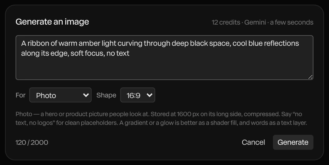 The Generate an image dialog: a description of an amber light ribbon, For set to Photo, Shape 16:9, and 12 credits · Gemini · a few seconds at the top