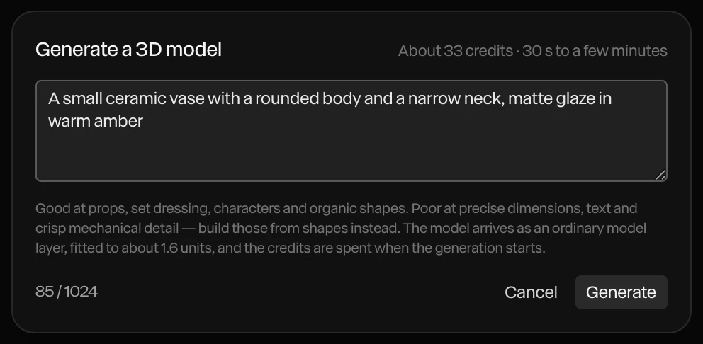The Generate a 3D model dialog: a description of a small ceramic vase in warm amber glaze, the cost and the wait at the top, and the note on what it's good at