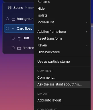 The layer menu's Comment section: Comment… and Ask the assistant about this…