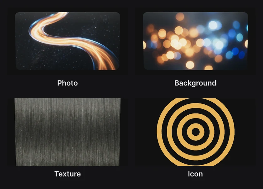 Four generated pictures: a ribbon of amber light on black (Photo), soft amber and blue bokeh (Background), brushed dark metal (Texture), and amber concentric rings (Icon)