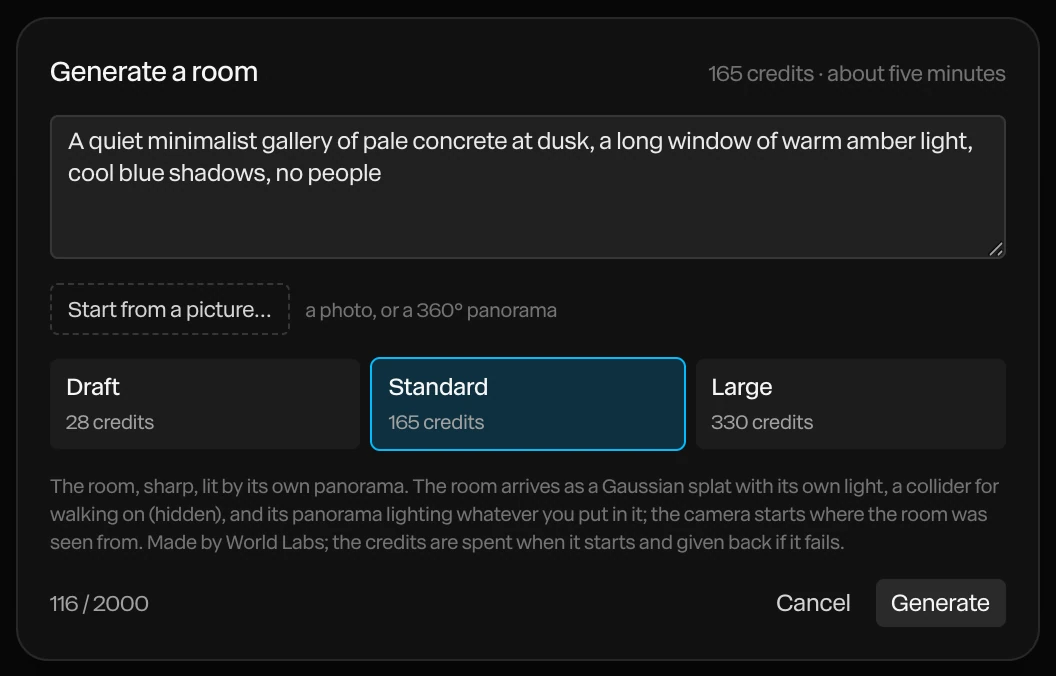 The Generate a room dialog: a description of a concrete gallery with an amber window, Start from a picture…, and the sizes Draft 28 credits, Standard 165 credits (chosen) and Large 330 credits