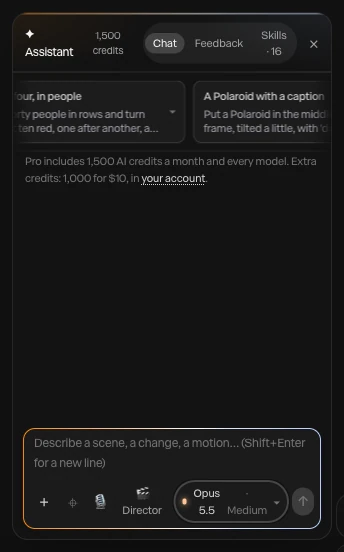 The assistant panel: the credits, the Chat, Feedback and Skills tabs, a row of prompt ideas, and the message box with its buttons