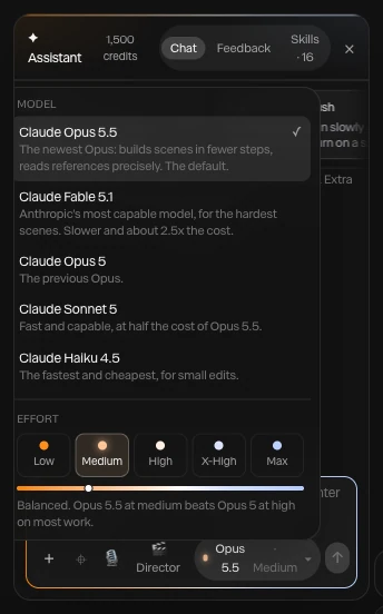 The model and effort picker: Claude Opus 5.5 checked, Fable 5.1, Opus 5, Sonnet 5 and Haiku 4.5, and the effort levels from Low to Max
