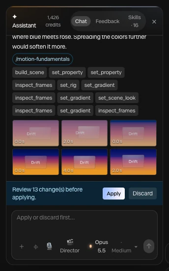 A finished turn: the reply, the steps the assistant took, the frames it checked, and Review 13 changes before applying with Apply and Discard