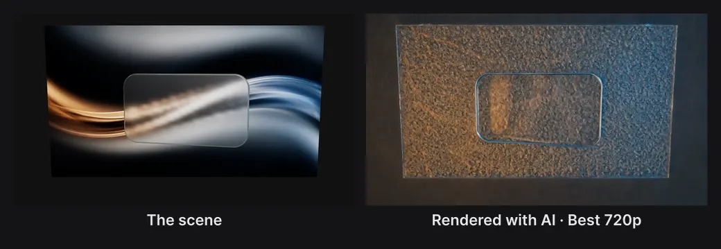 The same five seconds side by side: a frosted glass card turning over a picture of flowing amber and blue light, and the AI render at Best 720p, which keeps the card and its frame but turns them into textured glass in warm light