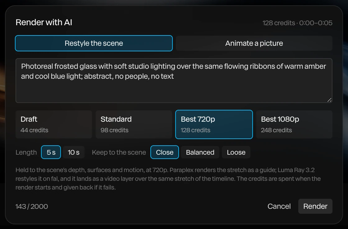 The Render with AI dialog: Restyle the scene chosen, a description of photoreal frosted glass over amber and blue light, the four qualities with Best 720p chosen, Length 5 s, and Keep to the scene set to Close